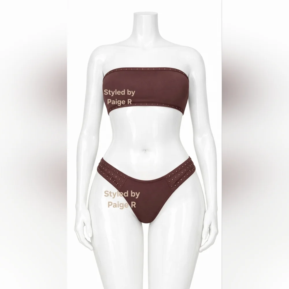 ❤️NWT SKIMS 2 Pc Rhinestone Bandeau Swim Top Strappy Bikini Set Brown COCOA 3X
